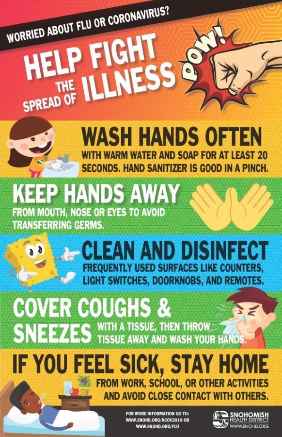 Help fight the spread of illness: wash hands often, keep hands away from mouth, nose or eyes; clean and disinfect frequently